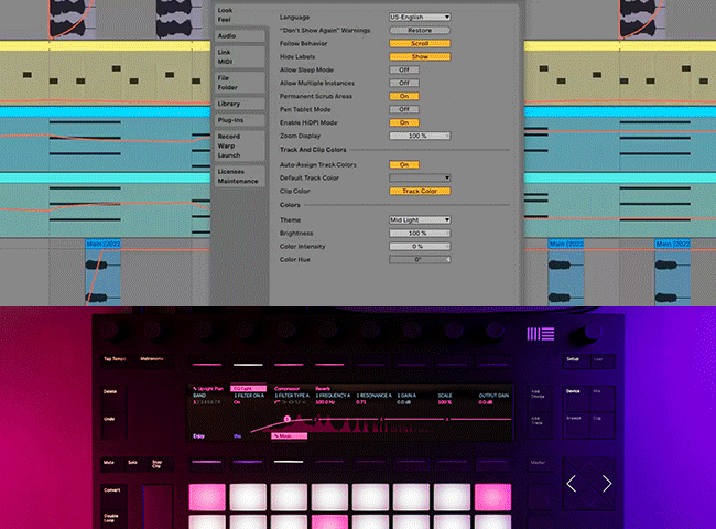 Split image with top half showing MIDI controller selection in Ableton's prefernces and bottom half showing a Push 2 controller.